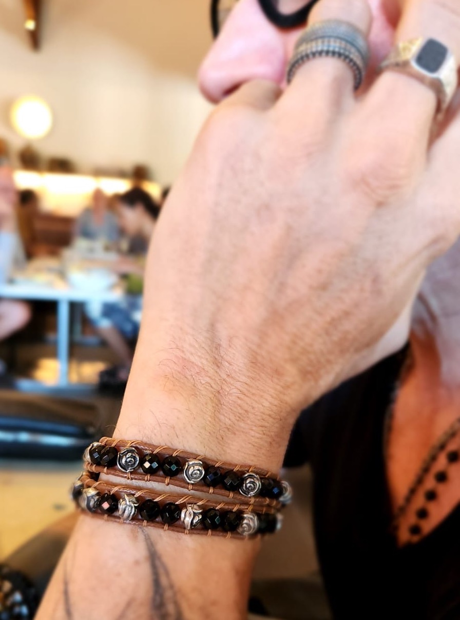 Shadow Sentinel: Black Onyx Leather String Wrap Bracelet - Image 4