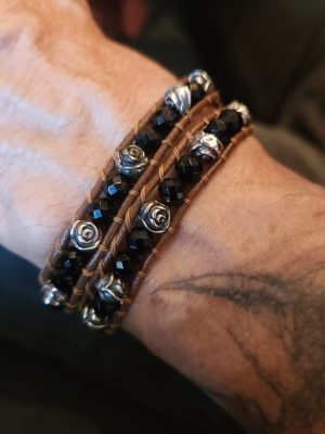 Shadow Sentinel: Black Onyx Leather String Wrap Bracelet
