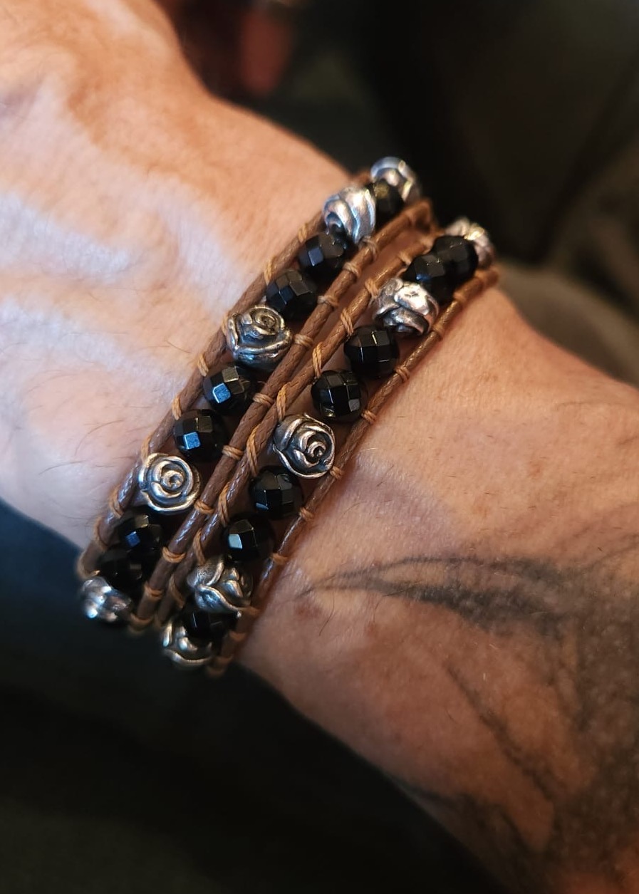 Shadow Sentinel: Black Onyx Leather String Wrap Bracelet