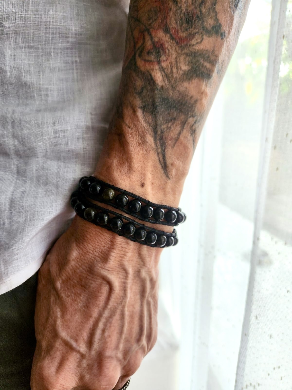 Golden Guardian: Men's Golden Obsidian Wrap Bracelet - Image 2