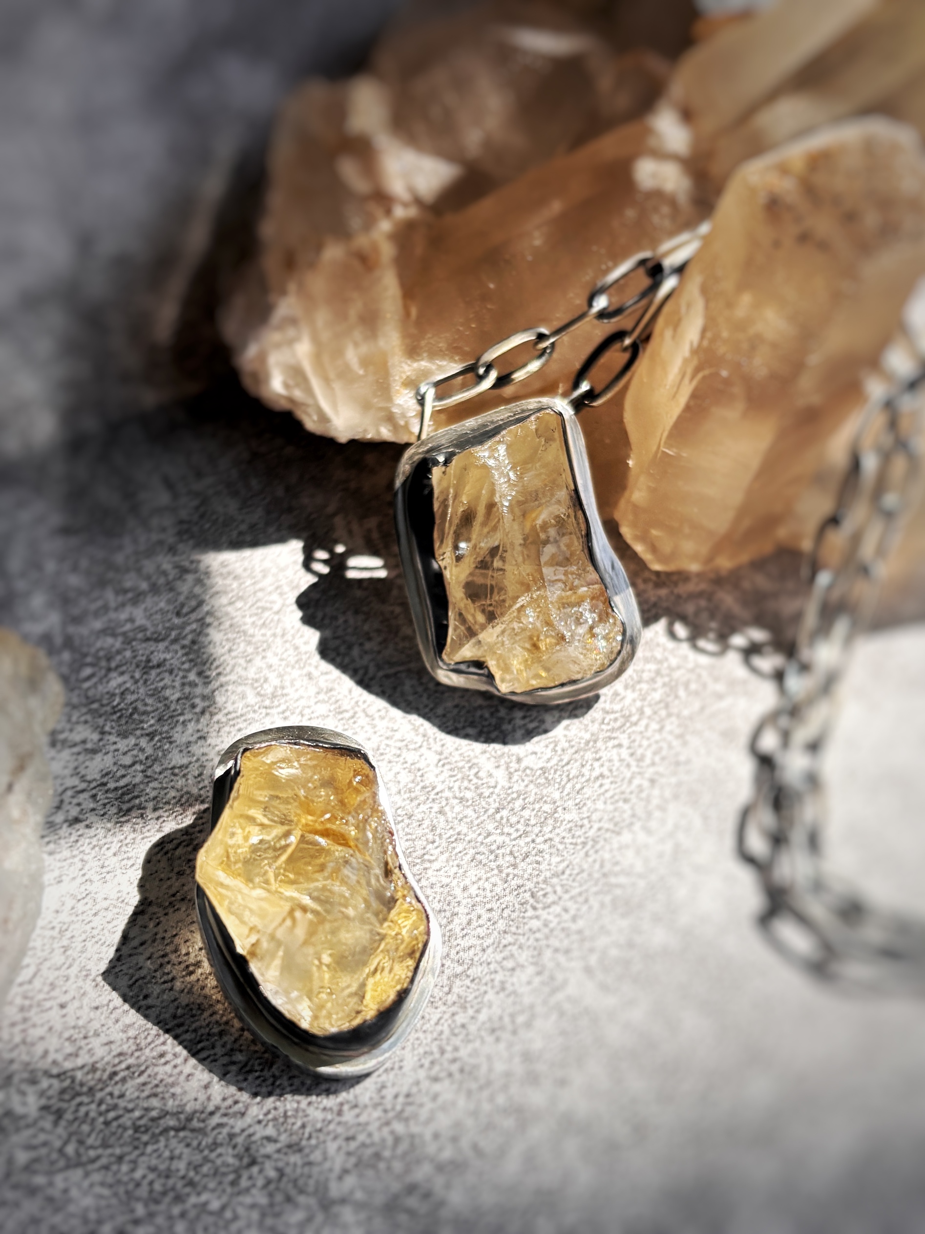 Golden Whispers; Raw Citrine Rustic Pendant