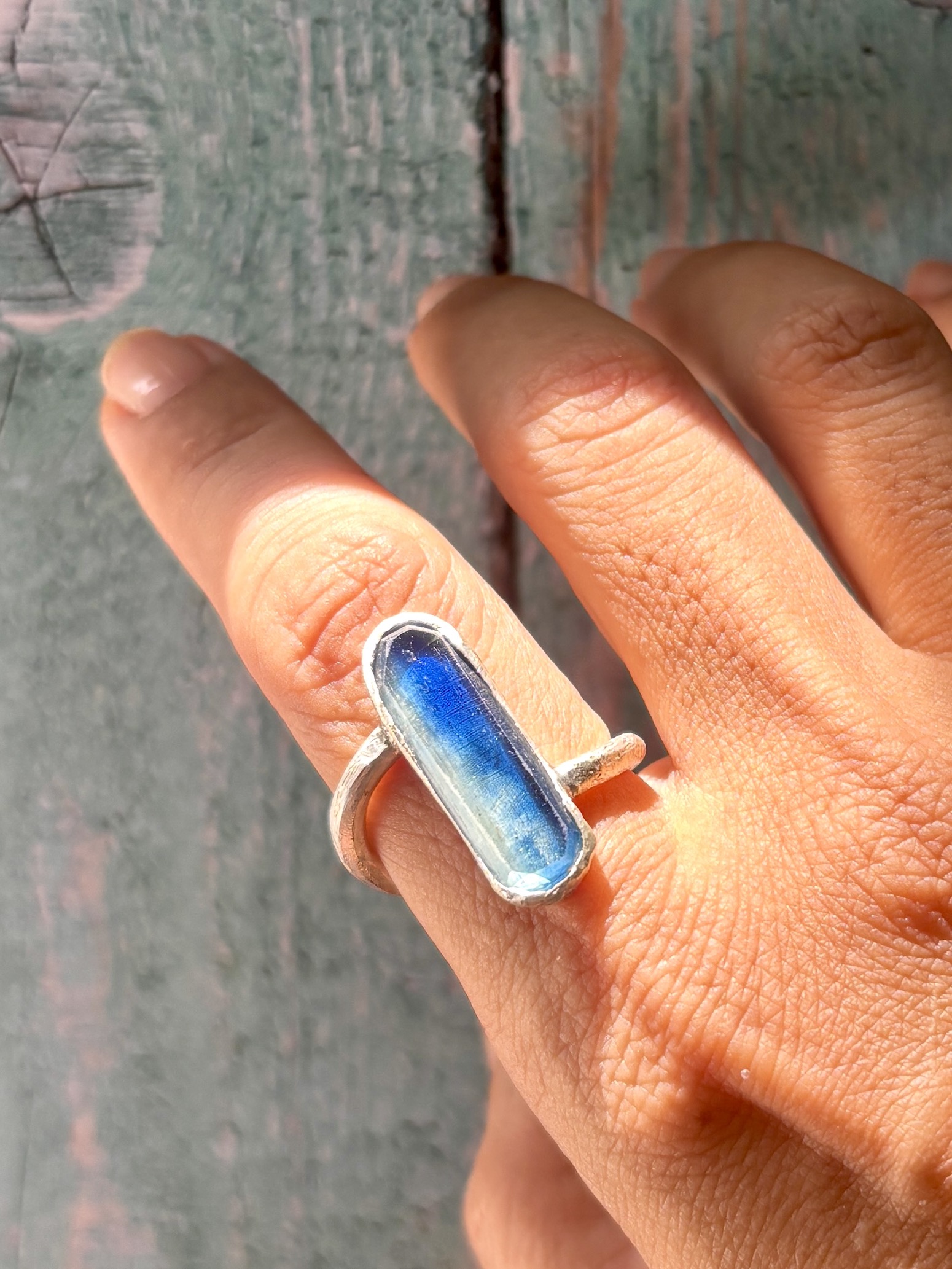 Rustic Circular Ring; Blue Kyanite / Sunstone